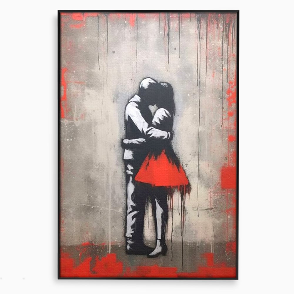 Tablou canvas cu tablou canvas cu doi indragostiti imbratisati, in rama de aluminiu negru